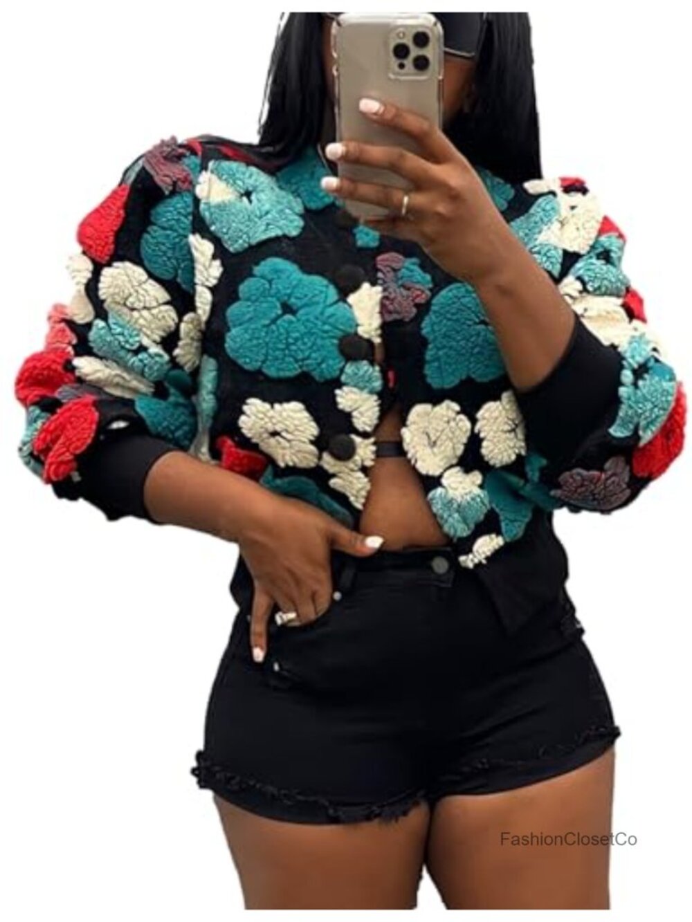 Cropped Fleece Bomber Jacket Floral Print Sherpa Coat Button Down